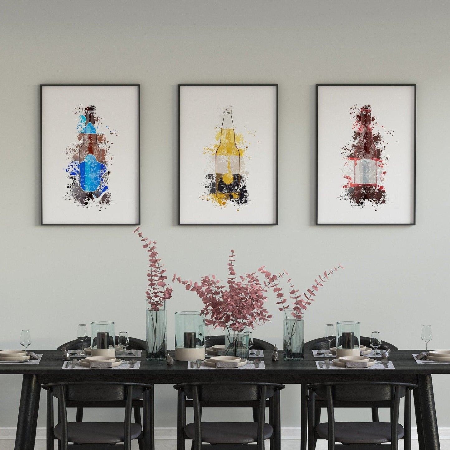 Beer Bottle Artwork, Splatter Effect, Framed Prints, Alcohol, Abstract Digital Art, For Dining Room, Kitchen, Man Cave, Home Bar.