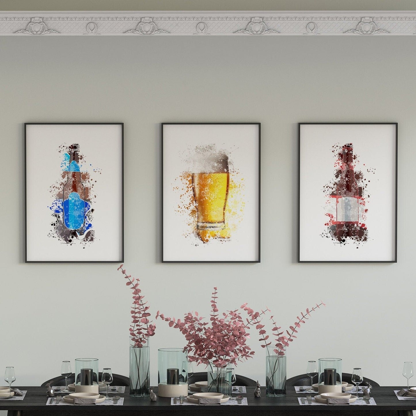 Beer Bottle Artwork, Splatter Effect, Framed Prints, Alcohol, Abstract Digital Art, For Dining Room, Kitchen, Man Cave, Home Bar.