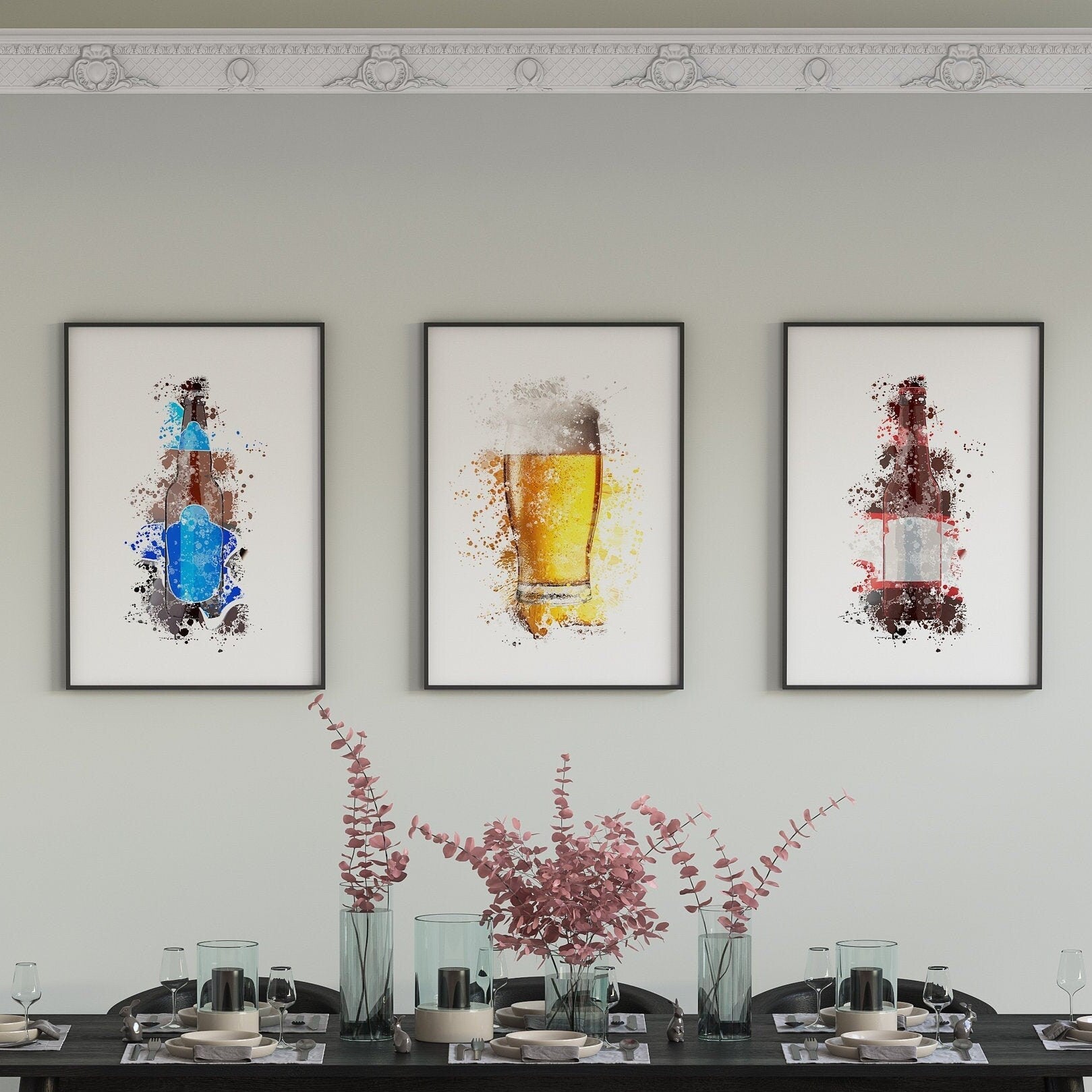 Beer Bottle Artwork, Splatter Effect, Framed Prints, Alcohol, Abstract Digital Art, For Dining Room, Kitchen, Man Cave, Home Bar.