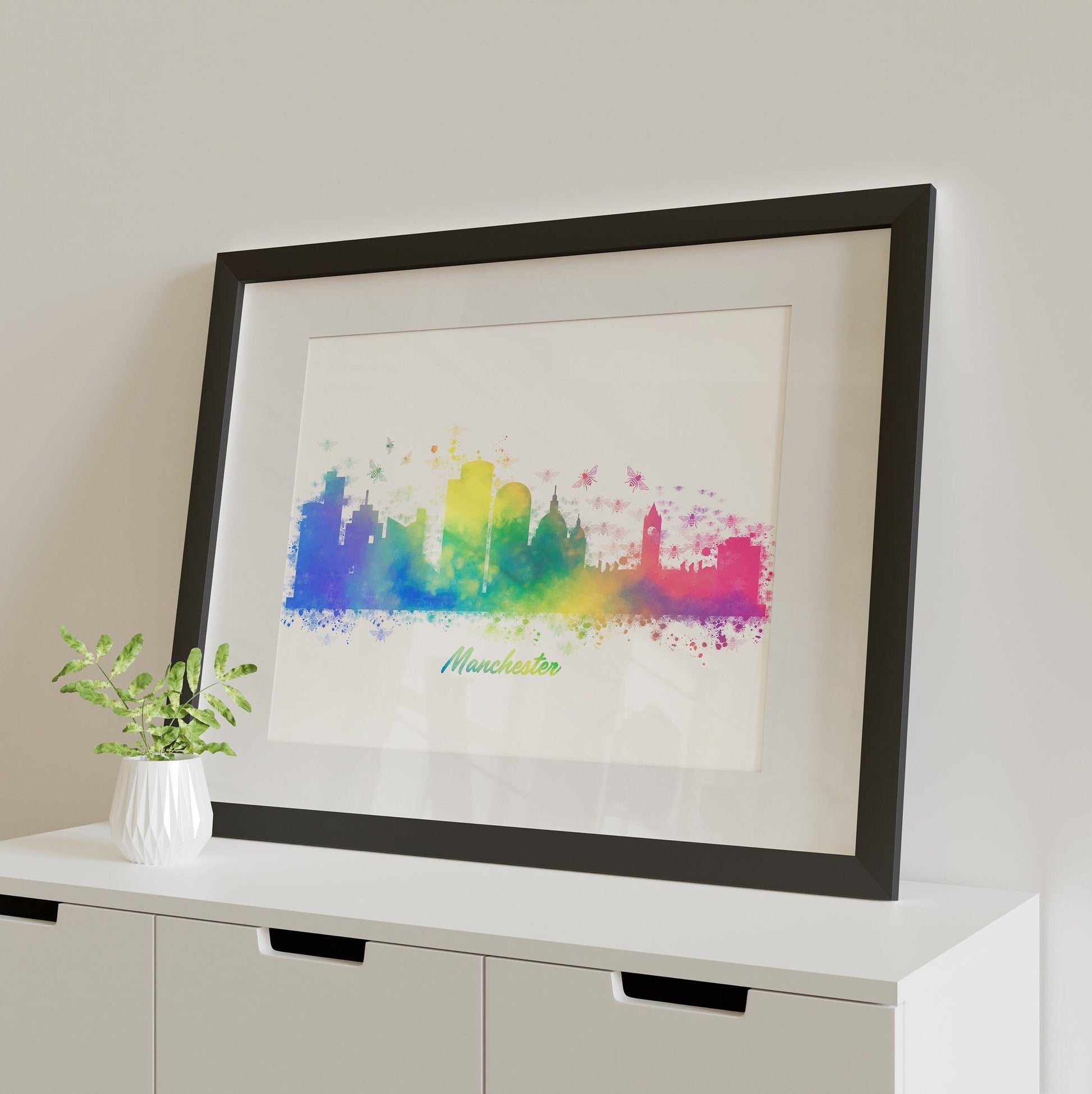 Manchester Skyline, Digital Framed Print, Manchester, Bee, England, Cityscape, Art, Print, Poster
