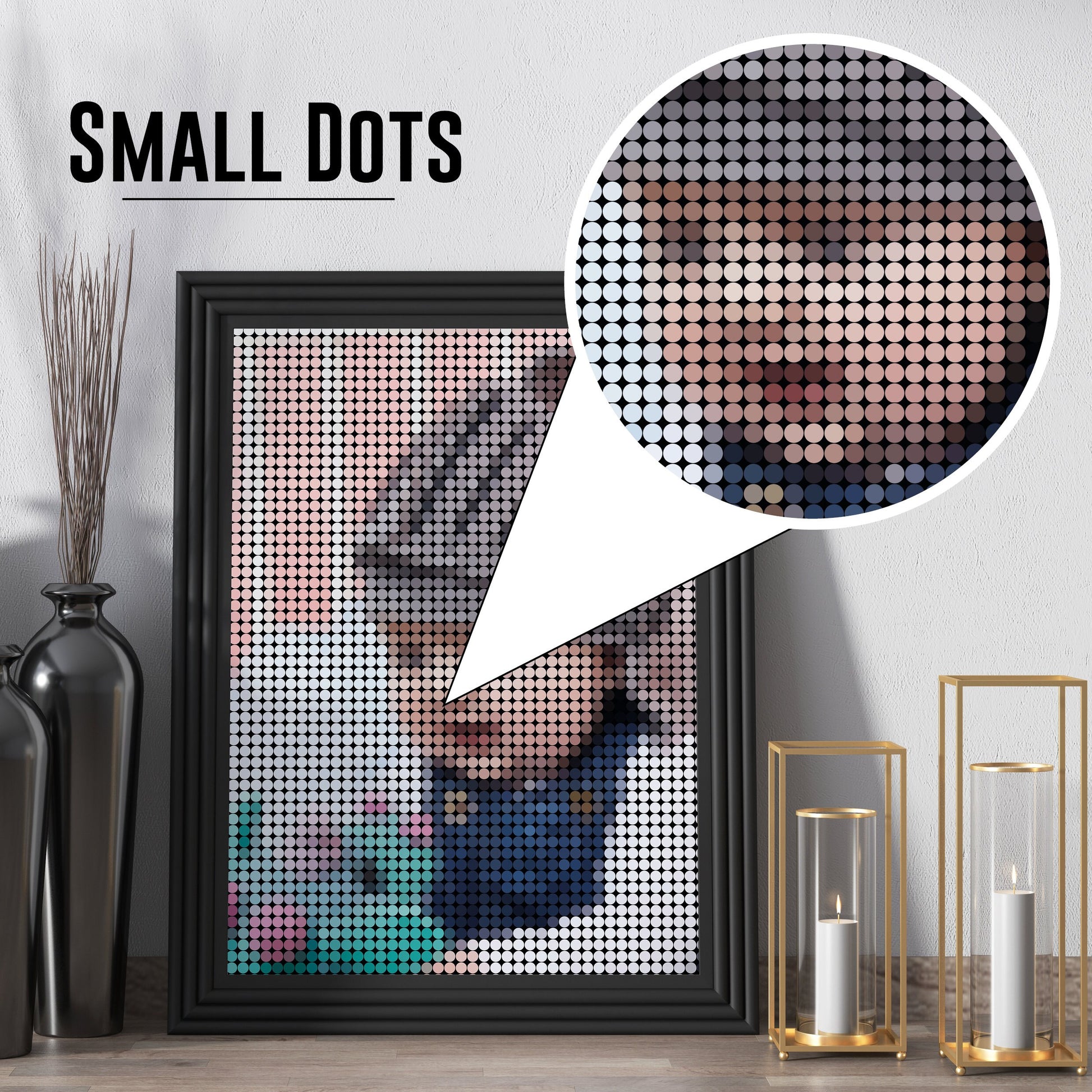 Personalised Photo, Dot Mosaic Print, Portrait, Animals, Family, Nature images, Framed, Pointillism, Pop art Style