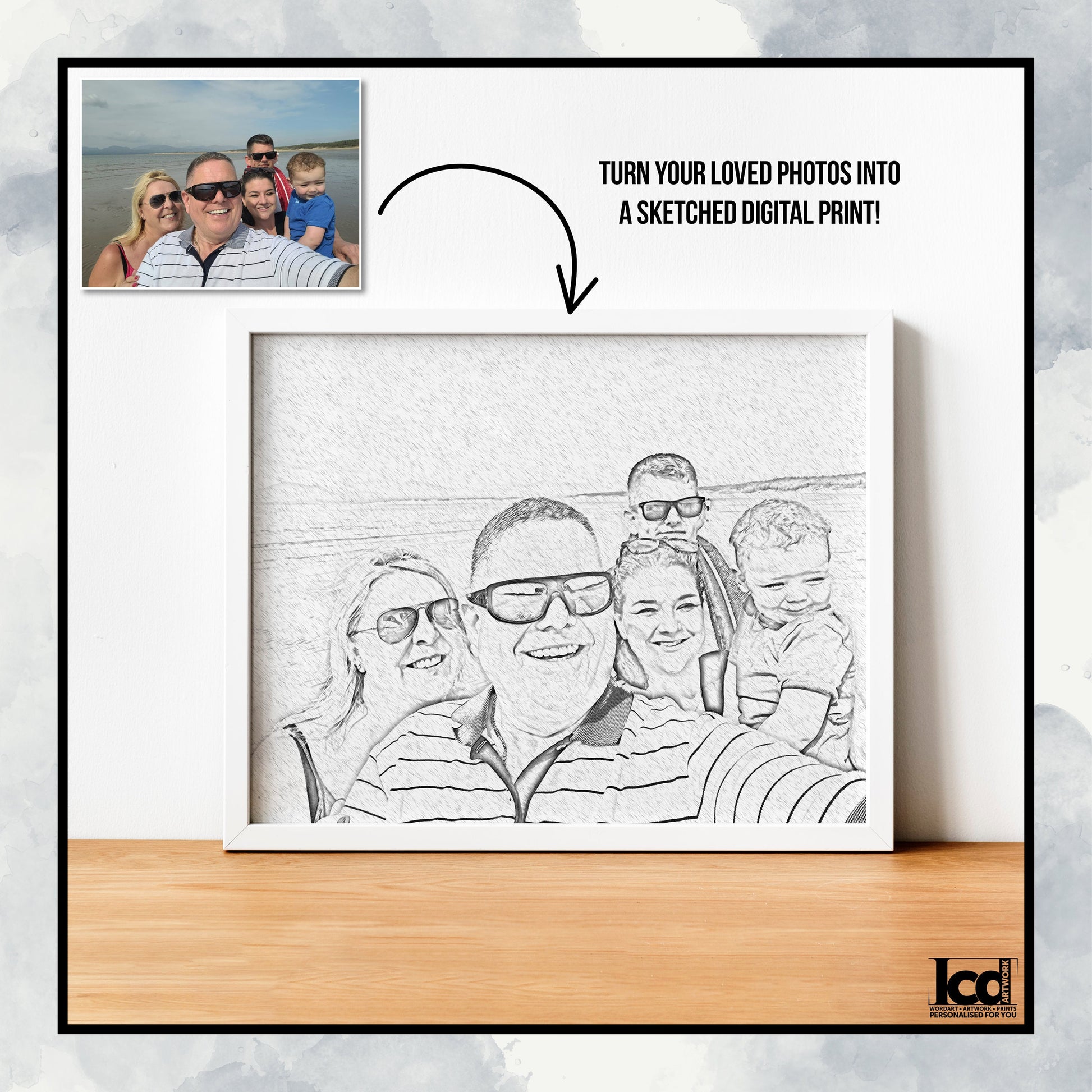 Custom Portrait Sketch From Photo, Family Photo Portrait, Digital Art, Framed, Personalised Gift, Great Christmas Gift, For Him, For Her