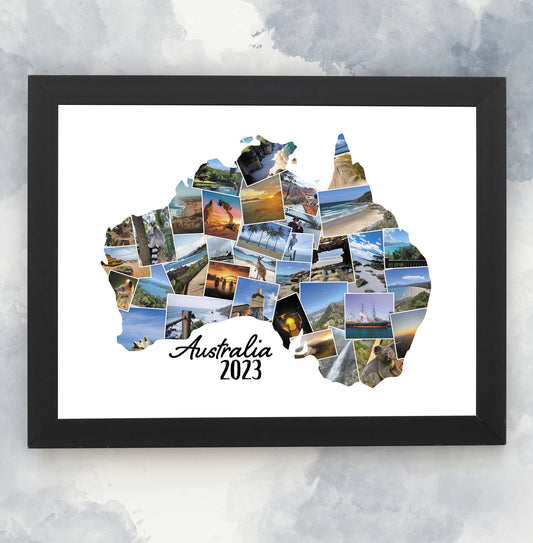 Personalised Australia Country Photo Collage - Country Map Print - Holiday Memories - Framed Home Décor - Travelling memories - Any Country