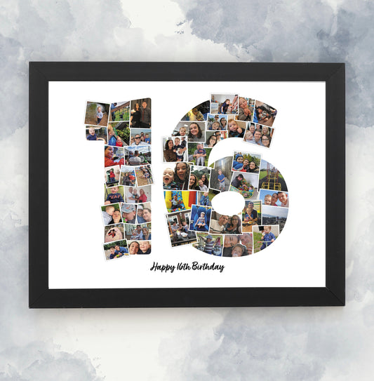 Number 16 Picture Collage, 16th Birthday Framed Print, Wall Art Photo Collage, Birthday Gift for Boy & Girl, Home Décor