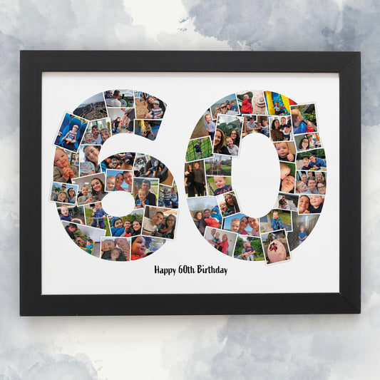 Personalised 60th Gift, Number 60 Photo Collage, Print and Framed, Photo Collage, Birthday Gift, Home Décor