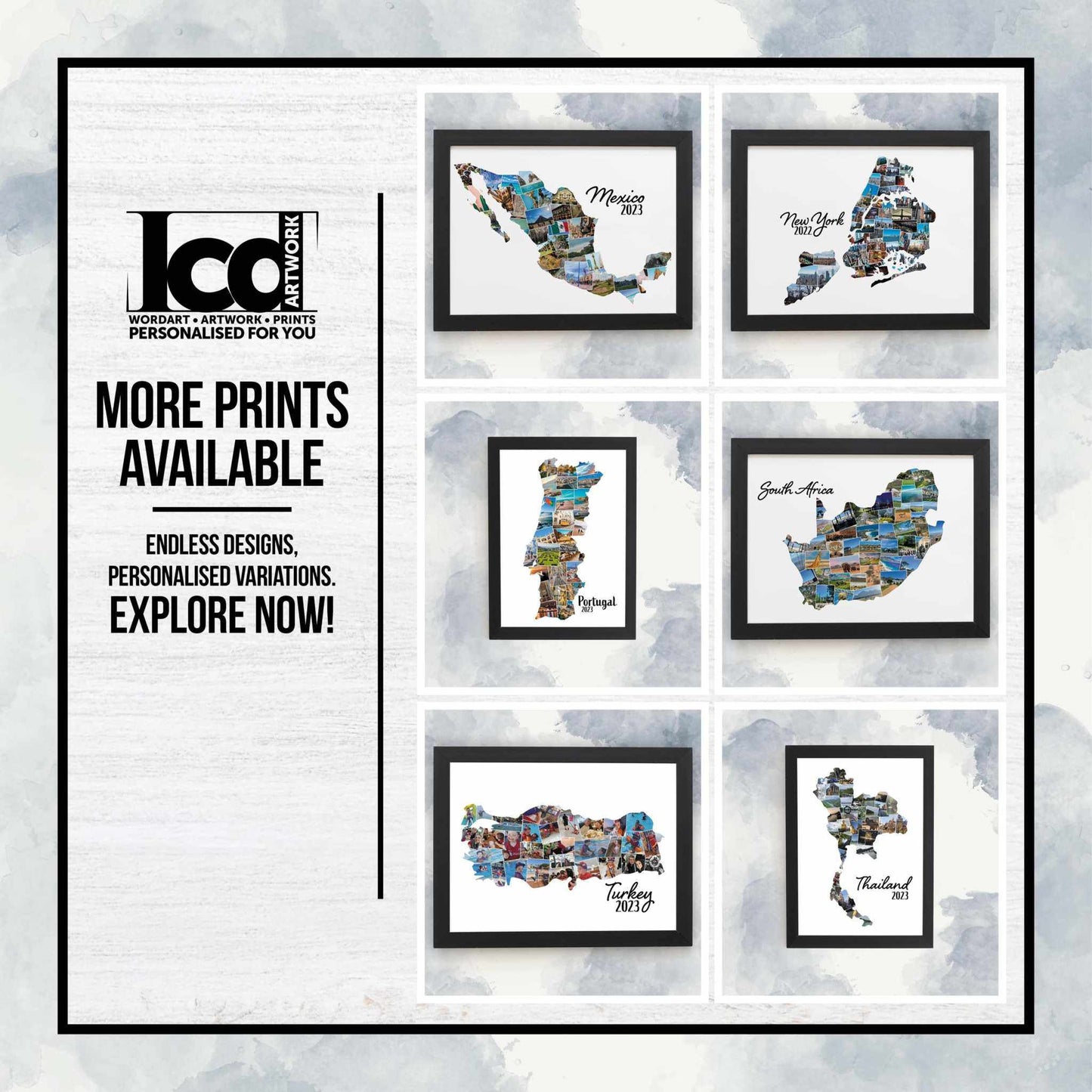 Mexico Map Photo Collage Print, Personalised Holiday Photos, Family Memories, Home Décor, Wall Hanging Home Prints, Custom Made Photo Art