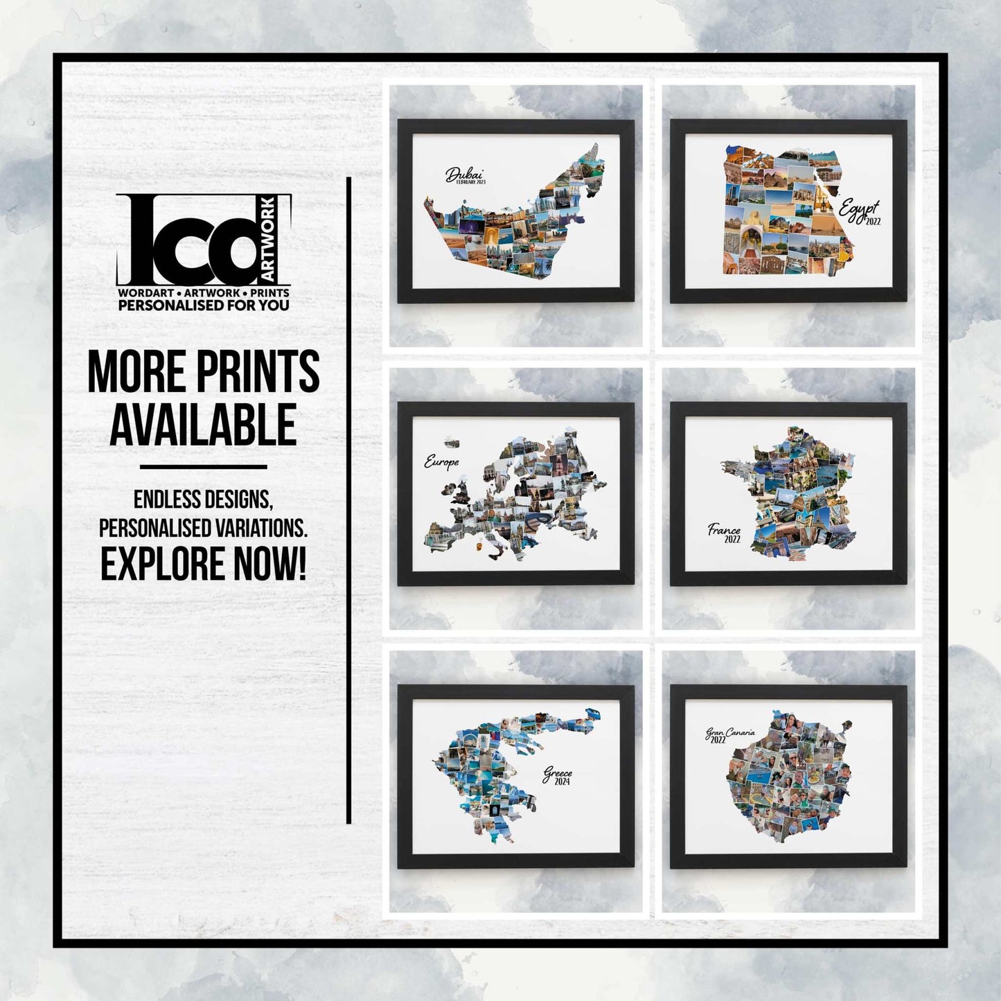 Ibiza Map, Photo Collage, Personalised Holiday Photos, Family Trip Memories, Printed Framed Home Décor, Wall Hanging, Custom Made Photo Art