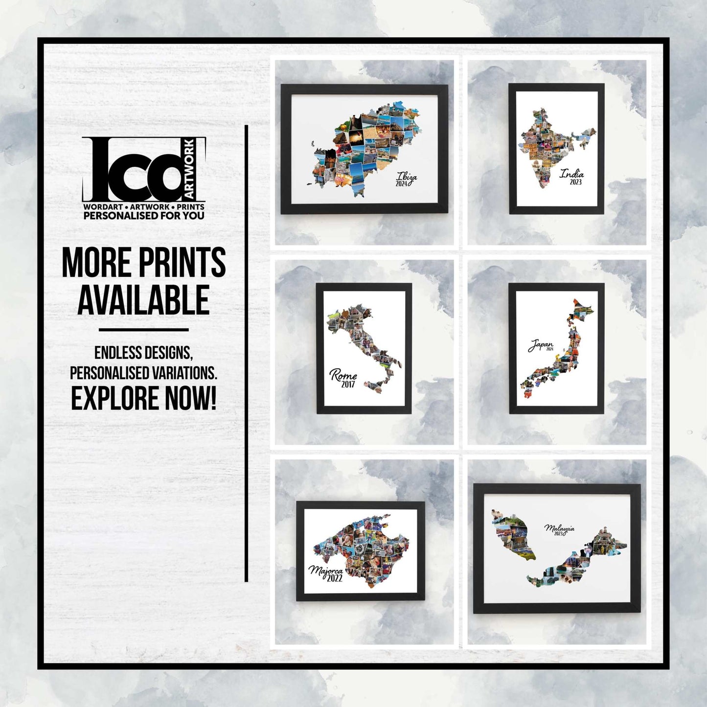 Ibiza Map, Photo Collage, Personalised Holiday Photos, Family Trip Memories, Printed Framed Home Décor, Wall Hanging, Custom Made Photo Art