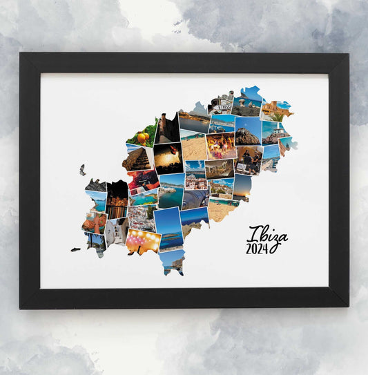 Ibiza Map, Photo Collage, Personalised Holiday Photos, Family Trip Memories, Printed Framed Home Décor, Wall Hanging, Custom Made Photo Art
