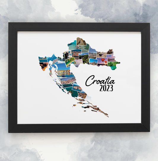 Croatia Map, Personalised Photo Collage, Holiday Photos, Family Trip Memories, Printed Framed Home Décor, Wall Hanging, Custom Made Photo