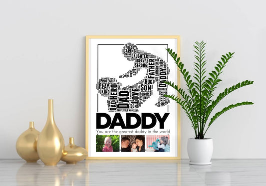 Wordart Daddy Digital Print, Silhouette of Dad & Child Print, Personalised Framed Print, Home Decor, Father's Day Gift