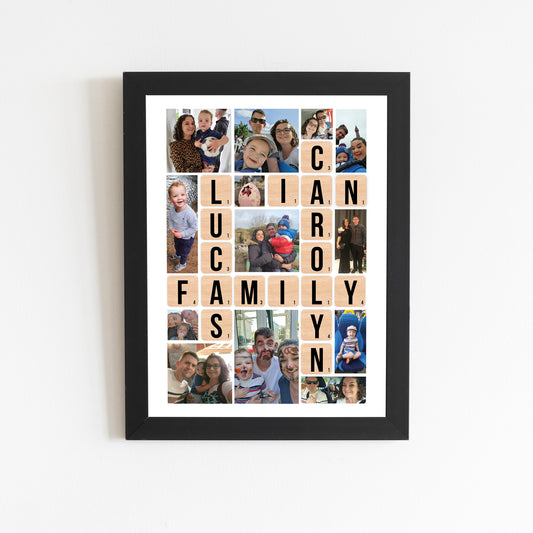 Family Scrabble Print, Personalised Family Print, Christmas Gift for her, Family Tree design, Photo Collage Print, Family Scrabble Print