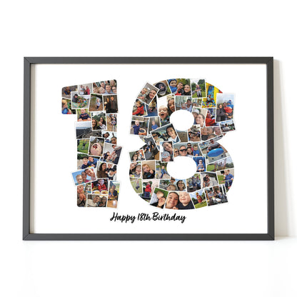 18th Photo Picture Collage, Print and Framed, Number Photo Collage Gift, Birthday Gift for Boy & Girl, Print Gift for landmark Birthdays