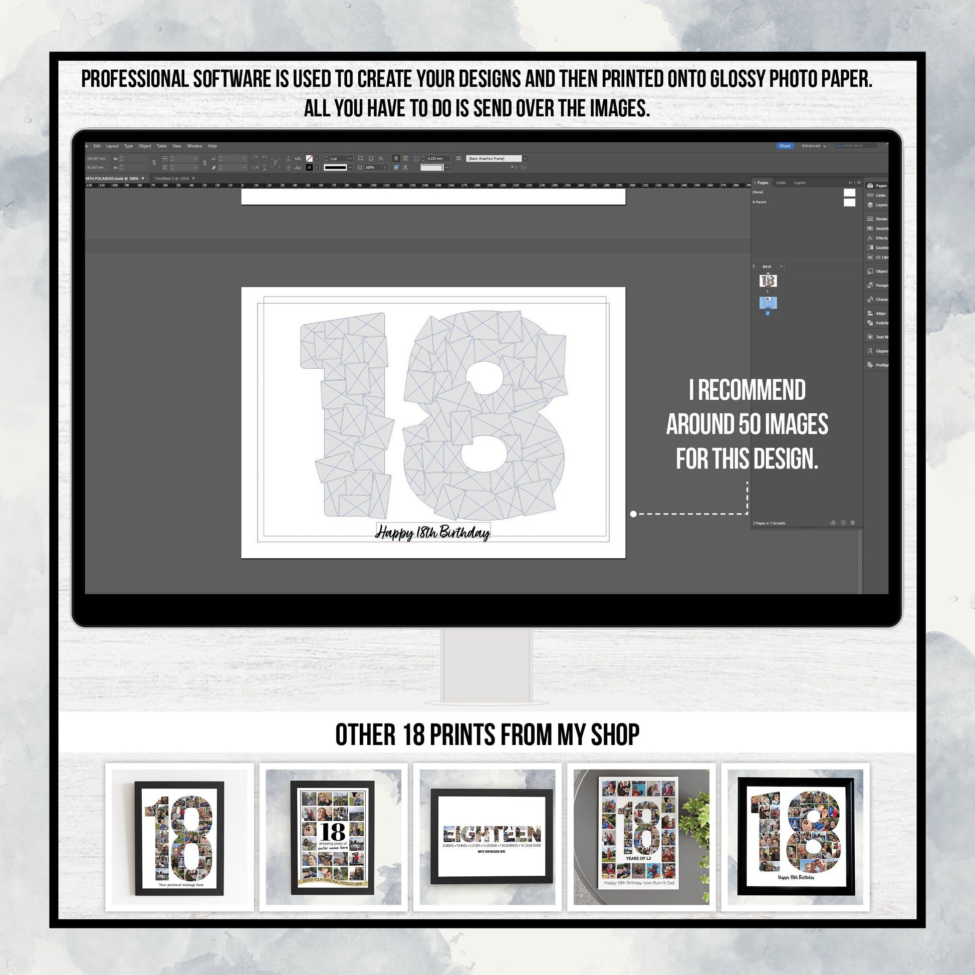 18th Photo Picture Collage, Print and Framed, Number Photo Collage Gift, Birthday Gift for Boy & Girl, Print Gift for landmark Birthdays