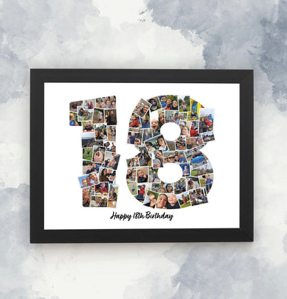 18th Photo Picture Collage, Print and Framed, Number Photo Collage Gift, Birthday Gift for Boy & Girl, Print Gift for landmark Birthdays