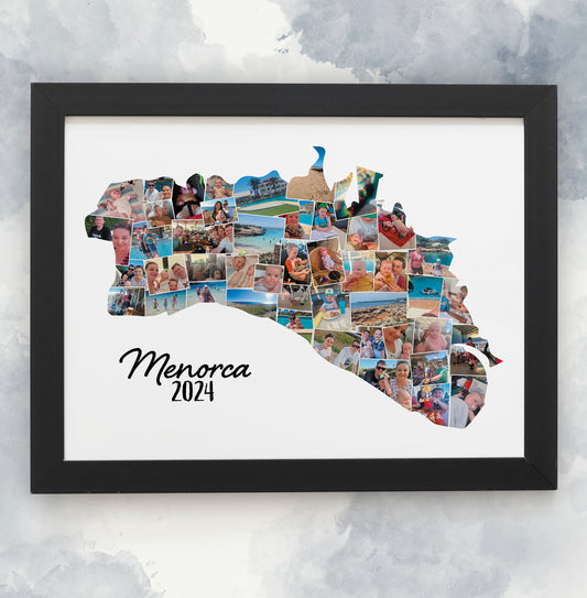 Menorca Holiday Photo Collage, Country Silhouette, Holiday Photo Collage, Holiday Memories, Personalised Framed Print, Travelling worldwide