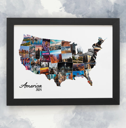 American Country Photo Collage, USA Silhouette Print, Holiday Photo Montage, Personalised Photo Print, Framed Family Holiday Photos