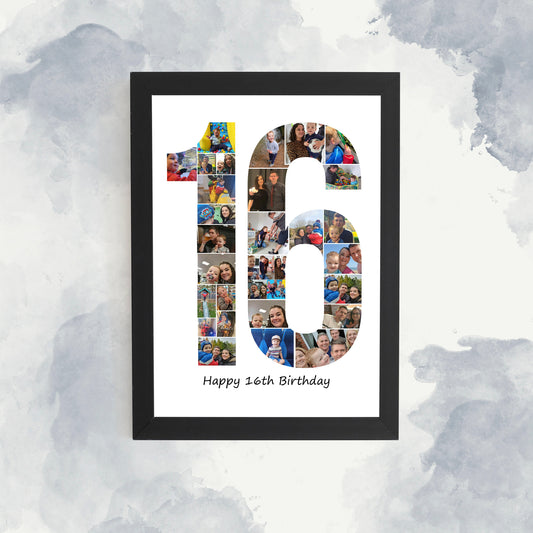 16th Birthday Photo Collage, Personalised Photo Number Print, 16th Birthday Gift, Birthday Present for Boy & Girl, Sixteen Photo Montage