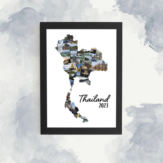 Thailand Photo Collage, Any Country Silhouette, Digital Photo Collage, Holiday Memories, Personalised Framed Print, Travelling memories